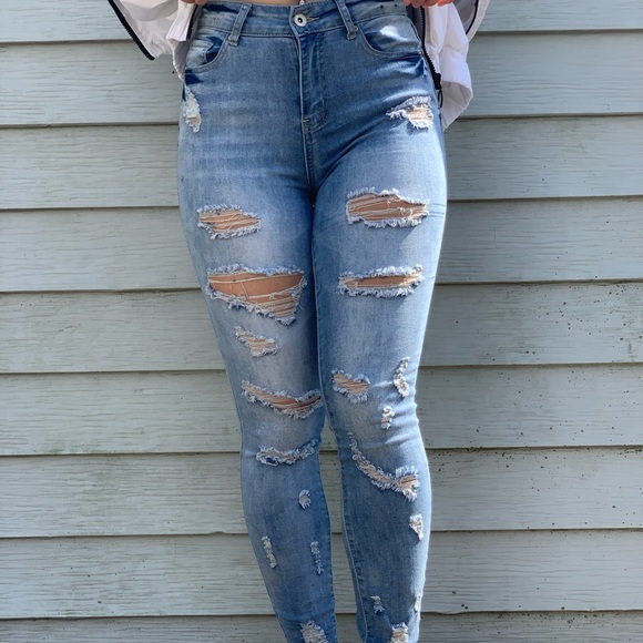 Denim - High Rise Super Distressed Jeans
